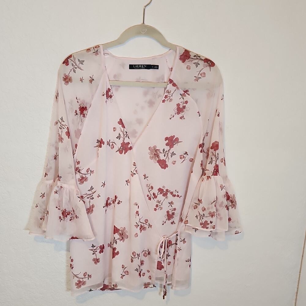 Lauren‎ Ralph Lauren Pink Floral Chiffon Bell Sleeve Blouse XL 100%no Polyester